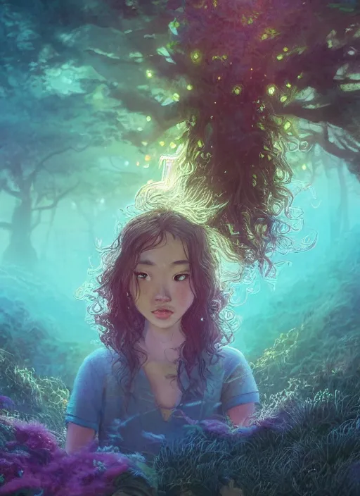 Prompt: beautiful asian moody teenager with tons of glowing freckles and curly glowing hair running up a hill by disney concept artists, backlit, moody, intense, intricate, indie studio, fantasy, moody, rim lighting, godly light, vibrant pastel colors, emotional, sketch, fantastical, whimsical, noise, dappled light, stippling!!!