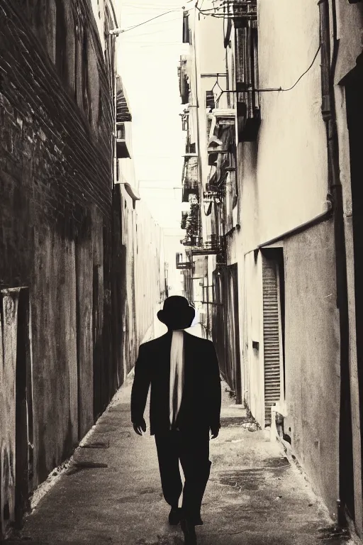 Image similar to a 5 0's detective, walking alone in an alley