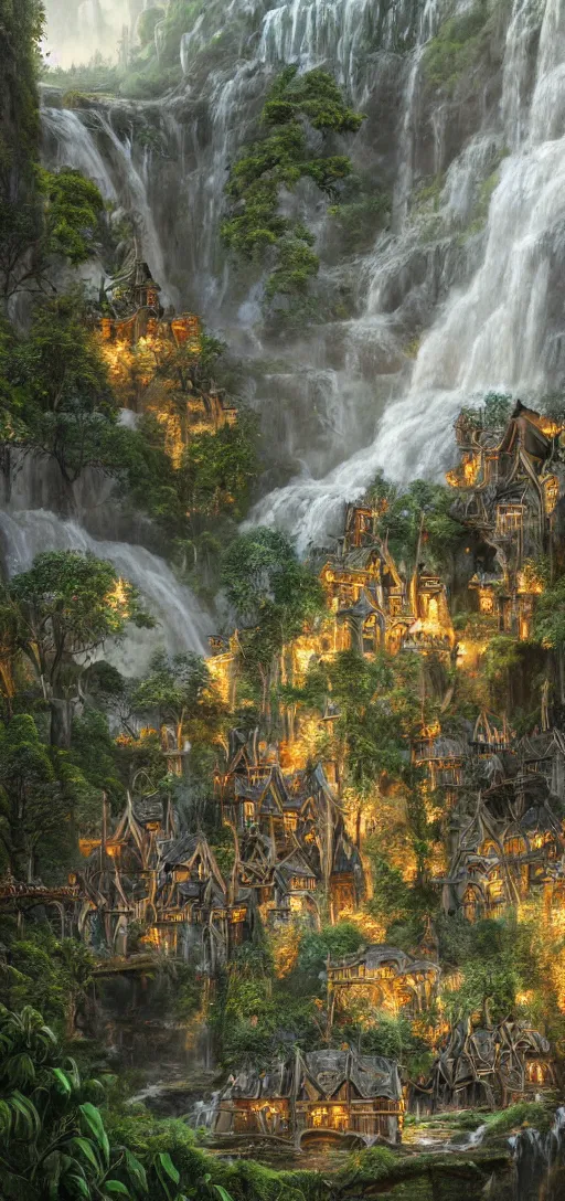 Image similar to wooden elven City with golden roofs, arches and bridges on top of a WATERFALL in the fall, gnarly trees, lush vegetation, forrest, a small stream runs beneath the waterfall, landscape, raphael lacoste, eddie mendoza, alex ross, john howe, concept art, matte painting, highly detailed, rule of thirds, dynamic lighting, cinematic, detailed, denoised, centerd, clean render