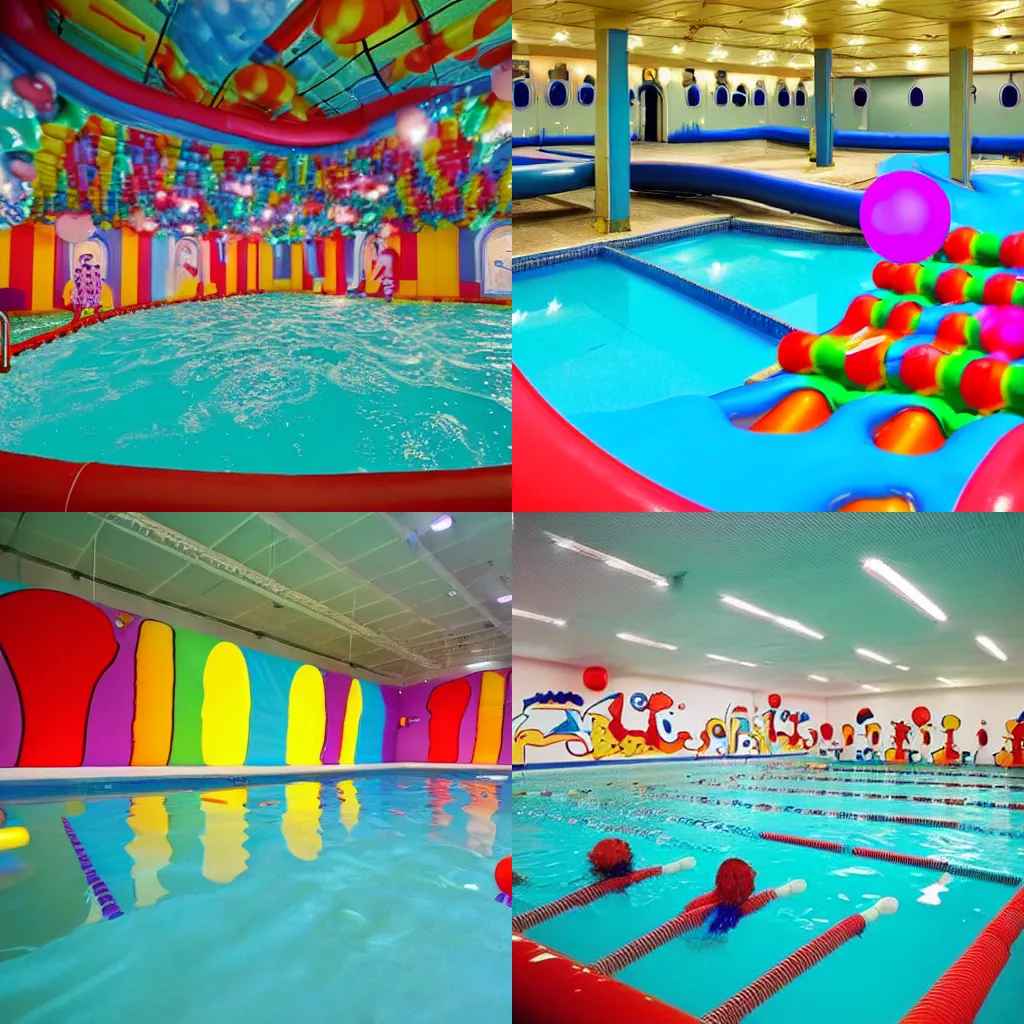Prompt: a clown-themed indoor pool with cheap fluorescent lighting and low render distance, with water slides
