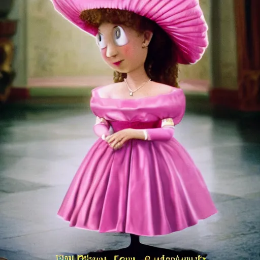 Prompt: an infallible princess wearing a pink dress and cone shaped hat, high resolution film still, live-action film by Tim Burton and Simon Langton