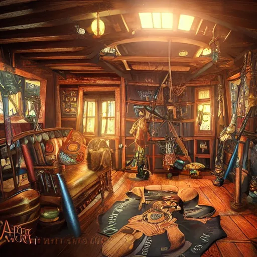 Image similar to interier view of award - winning pirate themed escape room set on the top deck on pirate ship from 1 7 2 0. steampunk and magical colors. trending on artstation, realistic.