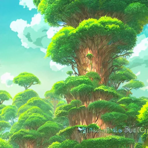 Image similar to stunning tree city in amazon forest by studio ghibli, artstation, environment design
