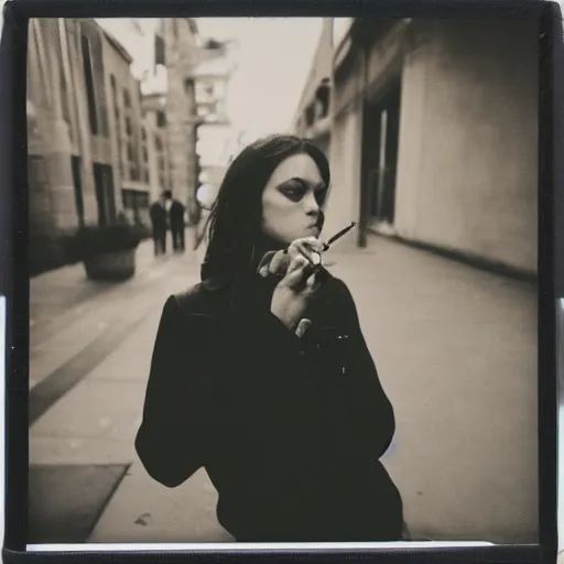 Image similar to a beautiful instant photograph of a woman smoking in the streets, polaroid, rule of thirds, light leak, raw, black clothing