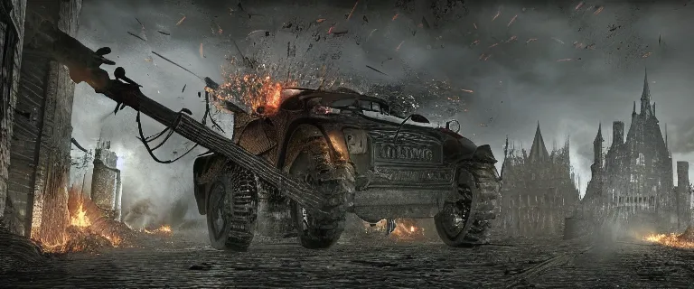 Image similar to Armored and Armed Audi 80 B3 Avant (1988) with a mounted M249 with soldiers on, Dark Souls 3, Eldritch Horrors, Wretched and Corrupted Knights, Heavy Battle, Fight, Car vs Knight, gunshots fired, a grim fantasy, Anor Londo, dramatic lighting, cinematic, establishing shot, extremely high detail, photorealistic, cinematic lighting, artstation, by simon stalenhag