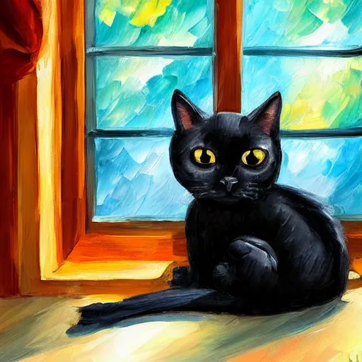 Prompt: peaceful dreamy painting of a content black cat sitting by a window, sunshine coming through the window, small plants on the window sill, 4k resolution, highly detailed, by Leonid Afremov