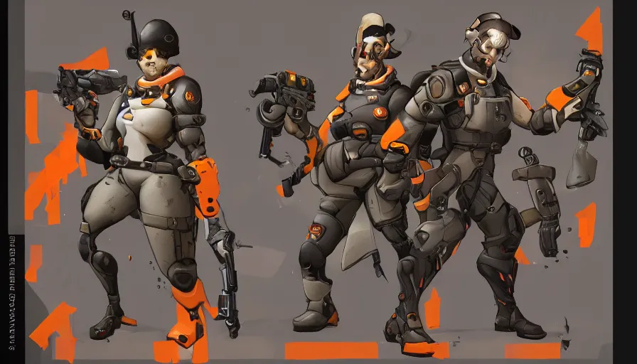 Prompt: Concept art for new overwatch character: The Sabotuer, French Special Ops, Skinny, Spy, Uses Explosives, Planted Charge, C4 Explosive, Roguish, and Hand Grenades, Anti-tank Rifle, Dark Humor, Male, Rugged, Dagger, High-tech, Fast, Black and Orange
