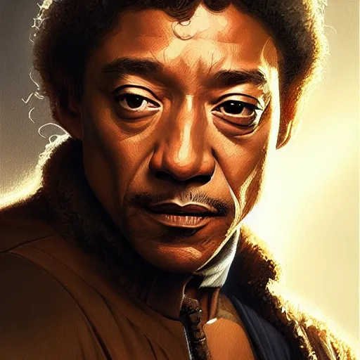 Image similar to portrait giancarlo esposito as han solo, intricate elegant, highly detailed, digital painting, artstation, concept art, smooth, sharp focus, illustration, art by artgerm and greg rutkowski! and, heavily influenced by frank frazetta and boris vallejo, sword and sorcery