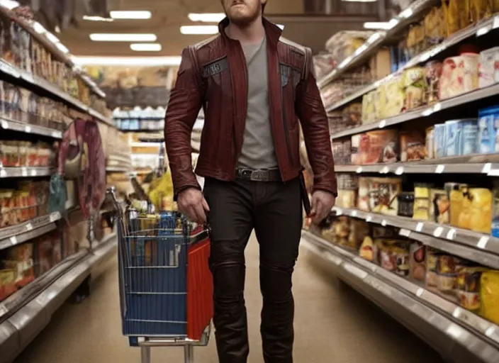 Image similar to film still of Star-Lord shopping in a supermarket in the new Guardians of the Galaxy movie, 4k