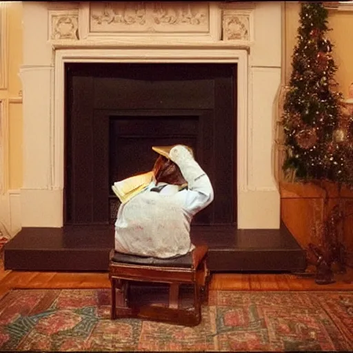 Image similar to “a lonely robot reads a book near a fireplace in a Victorian home., IMAX 70mm footage”