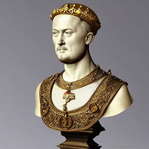Image similar to beautiful lifelike award winning marble statue bust of henry viii trending on art station artgerm greg rutkowski alphonse mucha museum quality cinematic atmospheric