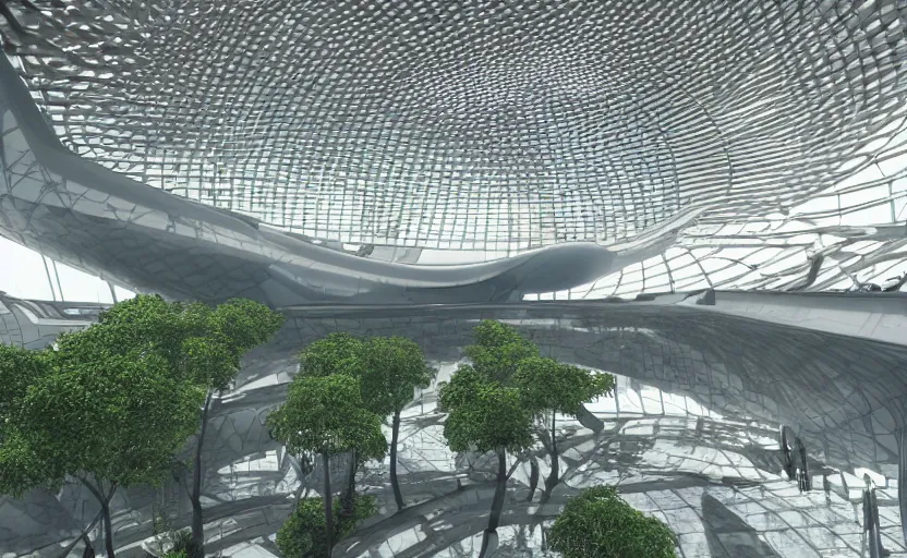 Image similar to futuristic architectural masterpiece dome interior airport with artificial waterfall and trees by frank Lloyd wright and Zaha hadid, detailed, octane render, photo realism, 3D, ray tracing, photo realism, dlsr, 24mm