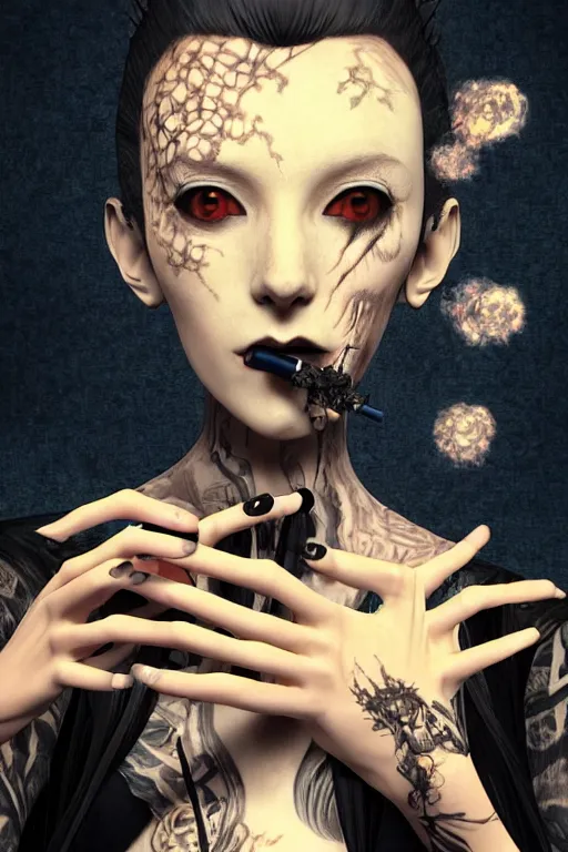 Image similar to Gothic girl smoking a fractal cigarette, dark background. digital art. amazing quality. perfect lighting. Professional design. Great composition. by Utagawa Kuniyoshi and Tomoyuki Yamasaki and Tsutomu Nihei, octane render, award winning art. impressive colors. trending on artstation. by Sam Spratt