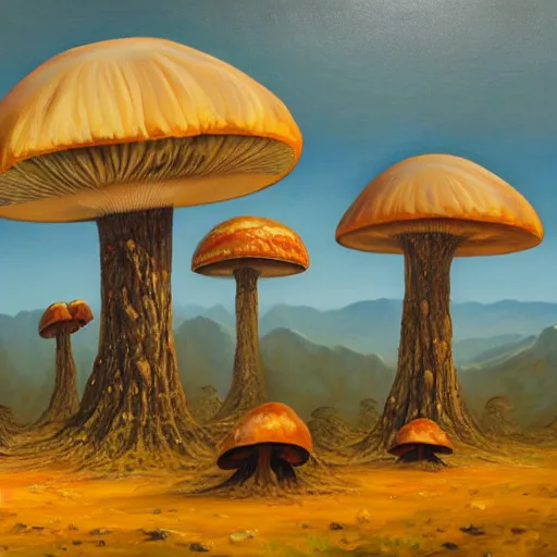 Prompt: alien landscape, oil painting, giant mushrooms, 4k, trending on artstation