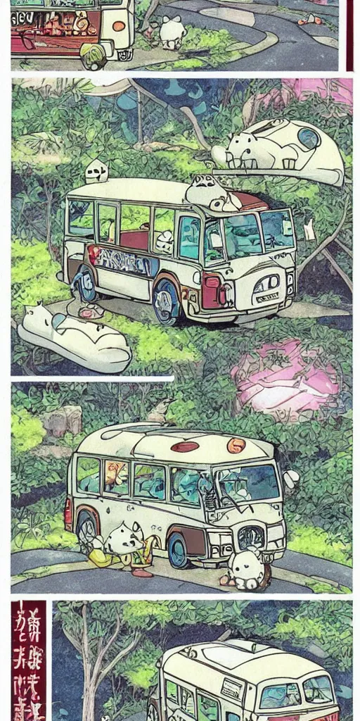 Prompt: a panda bus in like totoro, 1990s anime, full color, tarot card the chariot, highly detailed ,