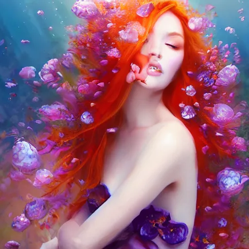 Image similar to portrait Ginger woman in a swirling sundress of flowers, underwater, floral explosion, radiant light, vortex of plum petals, by WLOP and artgerm, artstation, deviantart