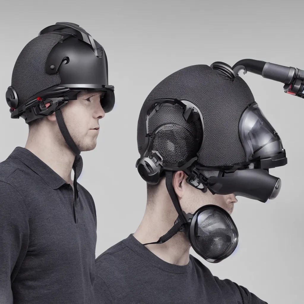 Prompt: product photo : a soundproof helmet by dyson, to be used for video calls