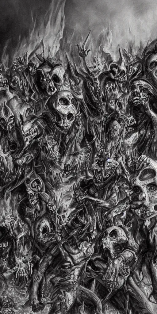Prompt: following the damned on their way to inferno, hell, fire, hyper detailled, photorealism