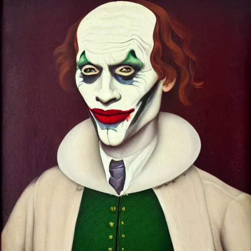 Image similar to a renaissance style portrait painting of The Joker