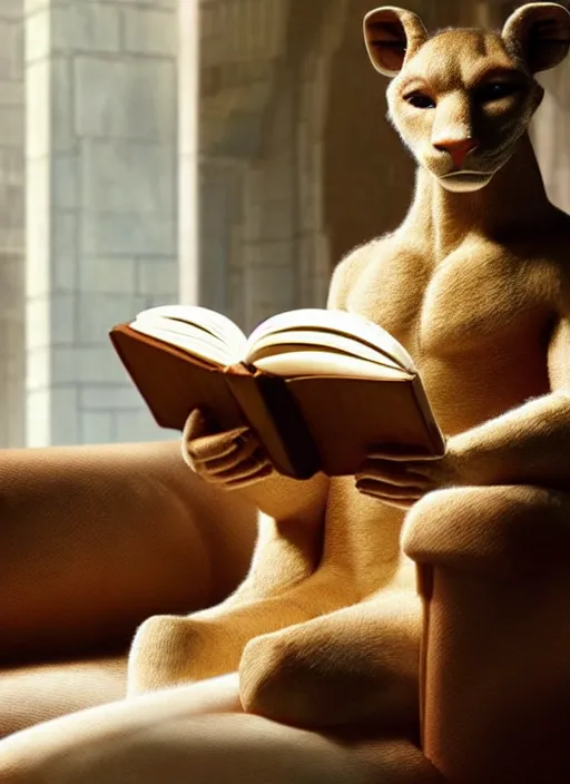 Image similar to A beautiful scene from a 2022 fantasy film featuring a humanoid fossa wearing loose white clothing reading an ancient tome on a couch. An anthropomorphic fossa. Golden hour.