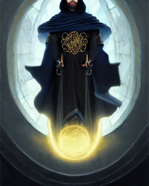 Prompt: handsome mage holding a floating tellurion, long black hair blue eyes wearing leather mantle gothic navy cloak with gold details, castle town, fantasy character portrait, ultra realistic, intricate, elegant, highly detailed, digital painting, artstation, smooth, sharp, focus, illustration, art by artgerm and greg rutkowski and alphonse mucha