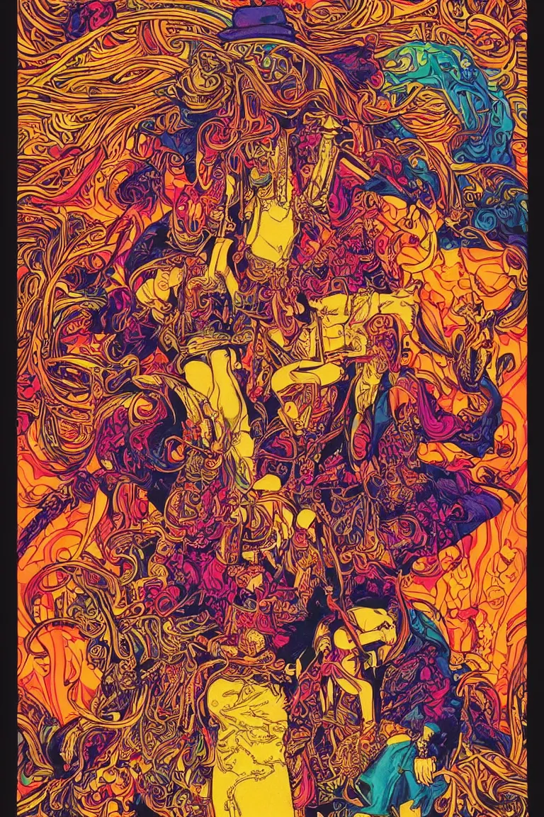 Prompt: beautiful colorful hyperrealist highly detailed psychedelic music poster'lemonade circus live at the fillmore ', psychedelic art nouveau, beautiful high contrast colored wood engraving, moebius comic style, shocking detail trending on artstation 8 k