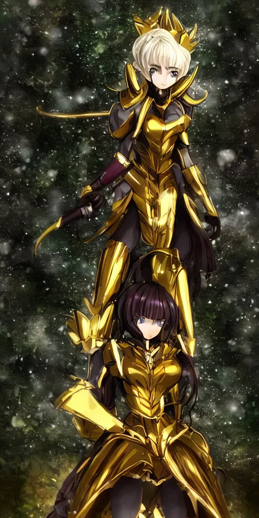 Image similar to full shot focus of beautiful darkness knight 3D anime girl, golden armor wearing, dark forest background, snowing, bokeh, inspired by Masami Kurumada, digital painting, high contrast, unreal engine render, volumetric lighting, high détail