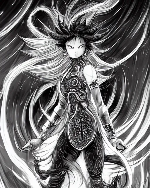 Image similar to Mind Flayers, wind-like hair posing on a boat, black and white, fantasy art, female art, in the style of masami kurumada, illustration, epic, fantasy, intricate, hyper detailed, artstation, concept art, smooth, sharp focus, ray tracing