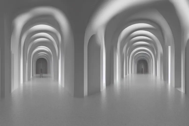 Prompt: a hyper - realistic photo of large and long foggy hallway with white walls and arches, an ambient occlusion render by tadao ando, featured on polycount, light and space, ambient occlusion, vray tracing, rendered in unreal engine