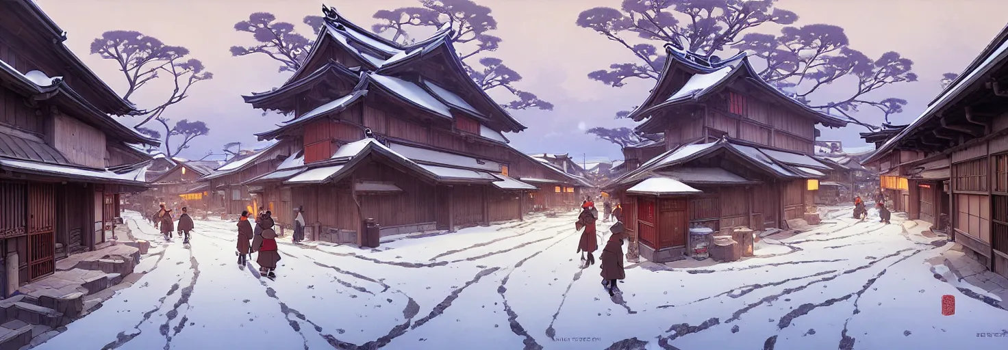 Image similar to japanese rural town, winter, in the style of studio ghibli, j. c. leyendecker, greg rutkowski, artem