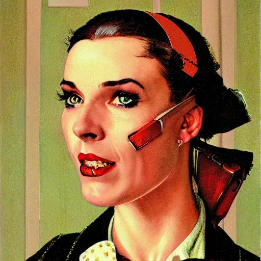 Prompt: portrait of a dapper cyberpunk woman, so happy that her face hurts, by norman rockwell