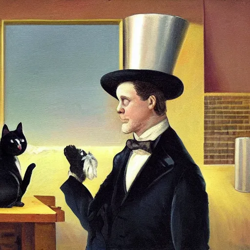 Image similar to an oil painting of a man in a factory looking at a cat wearing a top hat