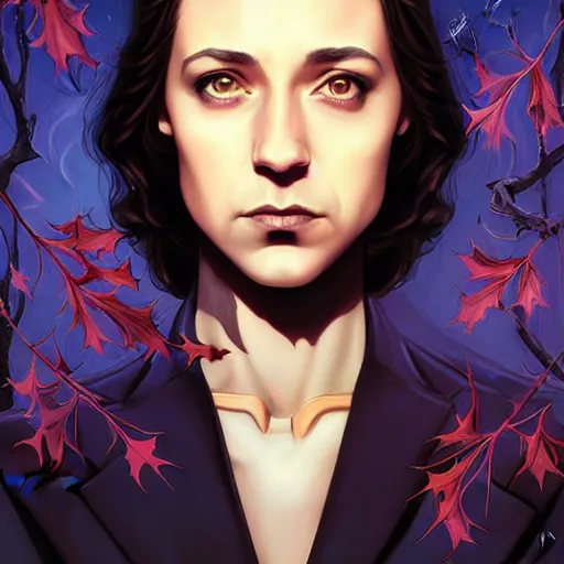 Image similar to beautiful stella maeve magician, black magic spells, in the style of joshua middleton, rafeal albuquerque comicbook cover art, phil noto, creepy pose, spooky, symmetrical face and body, volumetric lighting, cinematic lighting, detailed realistic symmetrical eyes, insanely detailed and intricate elegant, autumn leaves, artgerm