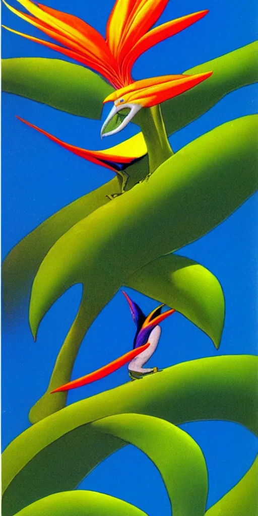 Prompt: a beautiful bird of paradise by roger dean