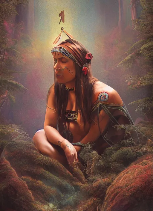 Prompt: acceptance, surrender, letting go, indigenous woman relaxing, matte painting, fantasy art