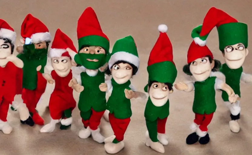 Image similar to footage of a group of Christmas elves in a hip hop group, claymation