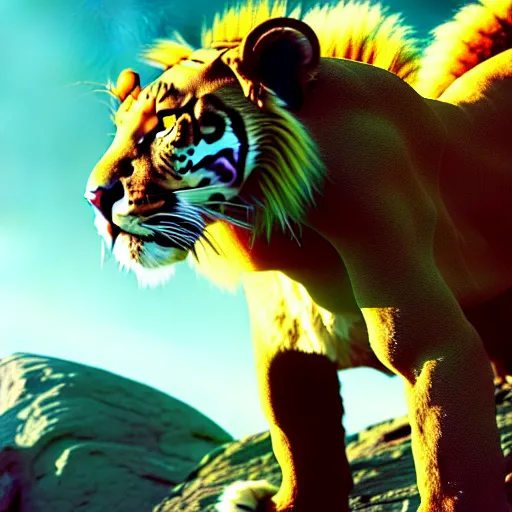 Image similar to mix of puma and jaguar and lion and tiger jumping over a cliff, giant cat monster, 8 k ultra realistic animal, detailed intricate fur, flame in the fur, full of colour, cinematic lighting, battered, trending on artstation, 4 k, hyperrealistic, focused, extreme details, unreal engine 5, cinematic, masterpiece, art by ayami kojima