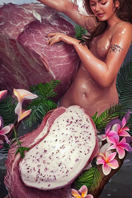 Image similar to ultra realistic illustration, portrait of sliced roast beef covered in white yogurt, plumeria tropical bouquet background, close up shot, fantasy, intricate, elegant, highly detailed, digital painting, artstation, concept art, smooth, sharp focus, illustration, surrealism