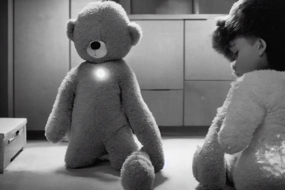 Prompt: a sad boy wearing a teddy bear costume standing behind a drawer still movie scene kubrick, moody, cinematic, lighting