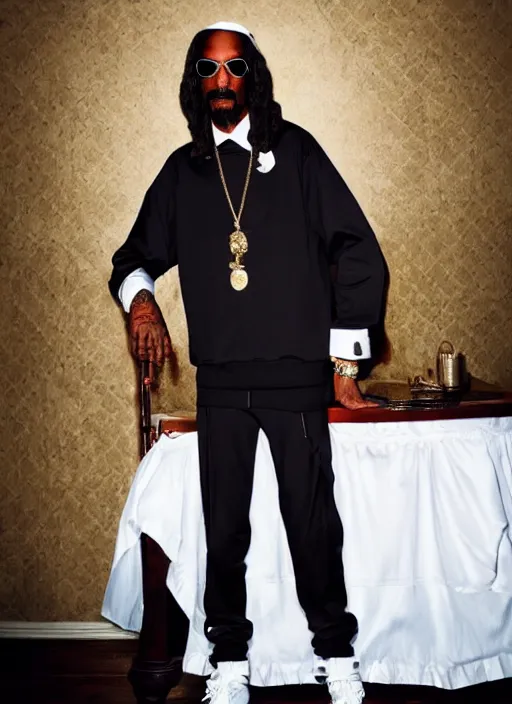 Prompt: promo photo of Snoop Dogg in a maid outfit