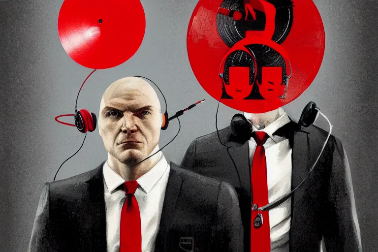 Image similar to a portrait of agent 4 7 from hitman wearing headphones and putting a vinyl record onto a turntable, dark background, red rim light, digital art, artstation, concept art by giger stalenhag