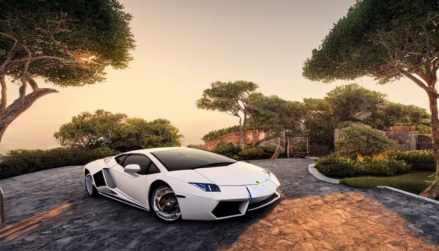 Prompt: sicilian white villa built on the edge of a hill, lamborghini, sunrise, sea, trees, wide view, hyperdetailed, artstation, cgsociety, 8 k