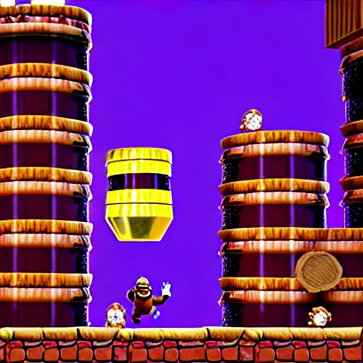 Image similar to Donkey Kong in a beautiful mine with shiny crystals on the wall and floating barrels. Unreal engine.