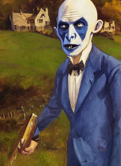 Image similar to upper body portrait of blue-faced nosferatu in a suit, english countryside in the background, sunny day, by dean cornwell