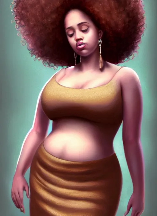 Image similar to full body portrait, teenage vanessa morgan, pink hair, brown skin, obese, curly pixie hair, sultry, realistic, short hair, hoop earrings, skirt, shirt, fat, belly, intricate, elegant, highly detailed, digital painting, artstation, concept art, smooth, sharp focus, illustration, art by wlop, mars ravelo and greg rutkowski