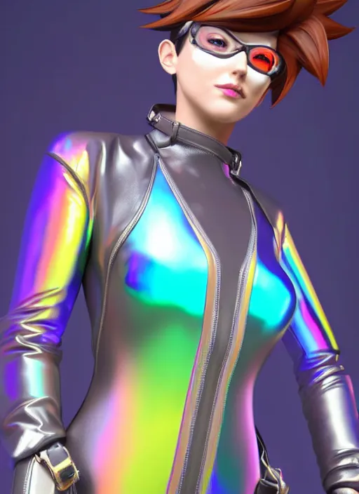 Image similar to portrait bust digital artwork of tracer overwatch, wearing iridescent rainbow latex and leather straps catsuit outfit, 4 k, expressive happy whistling face, makeup, in style of mark arian, angel wings, wearing detailed leather collar, chains, black leather harness, detailed face and eyes,