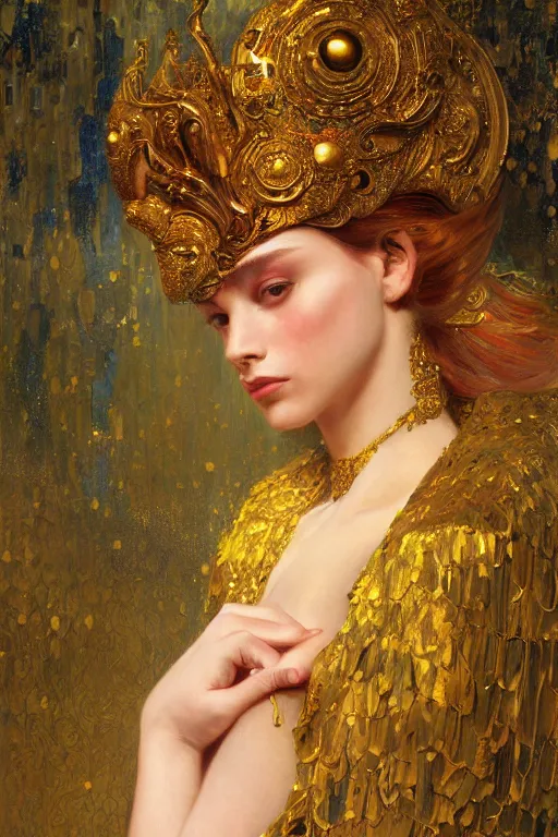 Image similar to an intricate artistic pose painting of a beautiful young muse with an artistic sensual pose with klimt golden motives and textures, hyper detailed, ornamental gold headpiece, octane render, vivid colors, artstation, by jeremy mann, by alphonse mucha, by boris vallejo