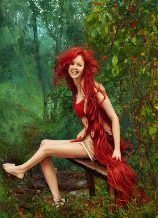 Image similar to full body portrait of a beautiful woman with fire red wavy hair, loosely clothed in vines, sitting on a bench, leaning backwards, arms reaching out to her sides, with a mischievous smile, dense foliage in the background by Jeremy Mann, vivid colors, green hue, stylized, detailed, loose brush strokes