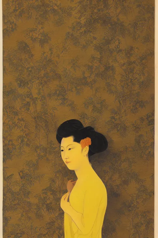 Image similar to an asian woman emerges from yellow wallpaper decorated with sensual feminine faces by charles walter stetson