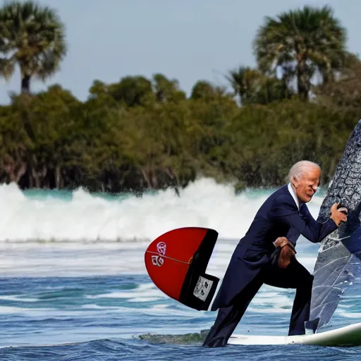 Prompt: joe biden surfing on a crocodile